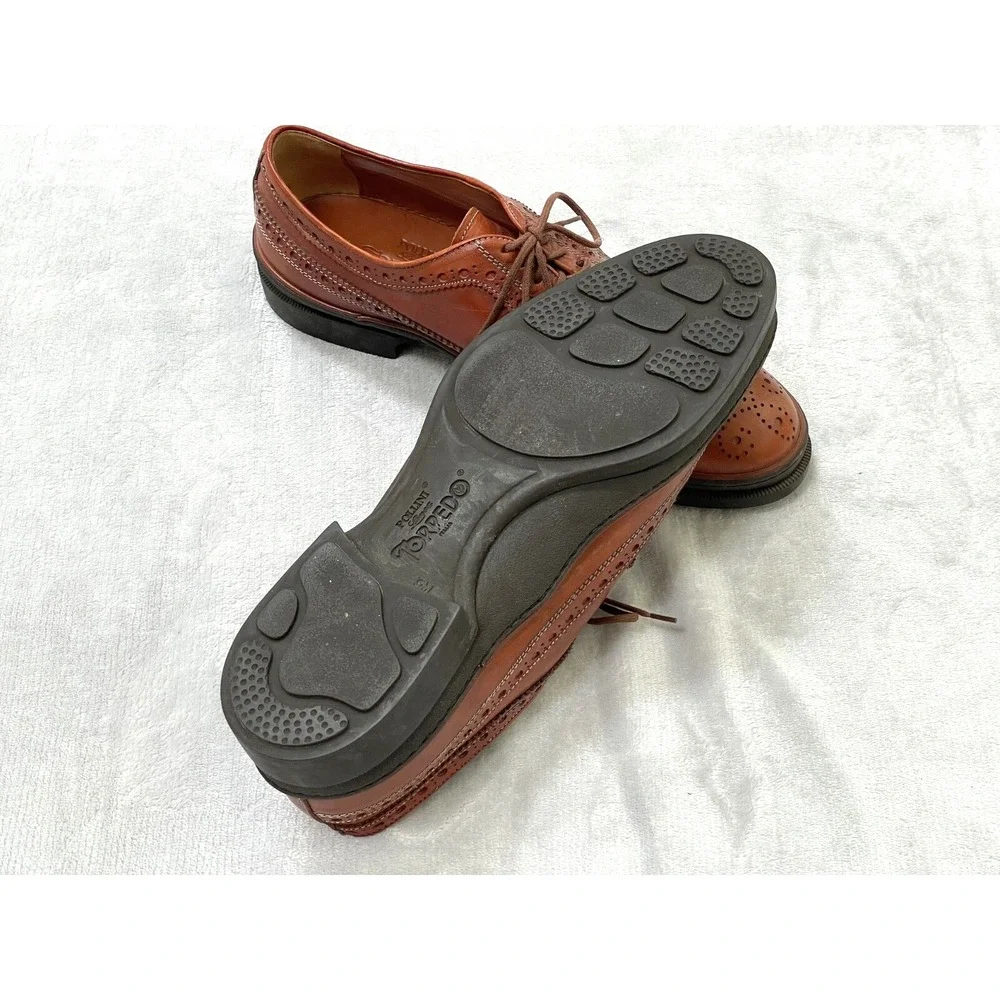 Pollini Linea Torpedo Men's 10 Cognac Leather Wingtip Brogue Oxfords Italy